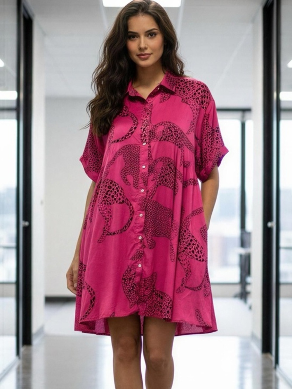 entro Fuchsia Leopard-Print Button Front Mini Dress